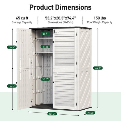 WillowLume 65 Cu.Ft Outdoor Storage Shed, Lockable Outdoor Vertical Resin Storage Cabinet with Floor, All-Weather Waterproof Shed for Garden, Backyard, Pool (65 cu ft - 2 Shelves)