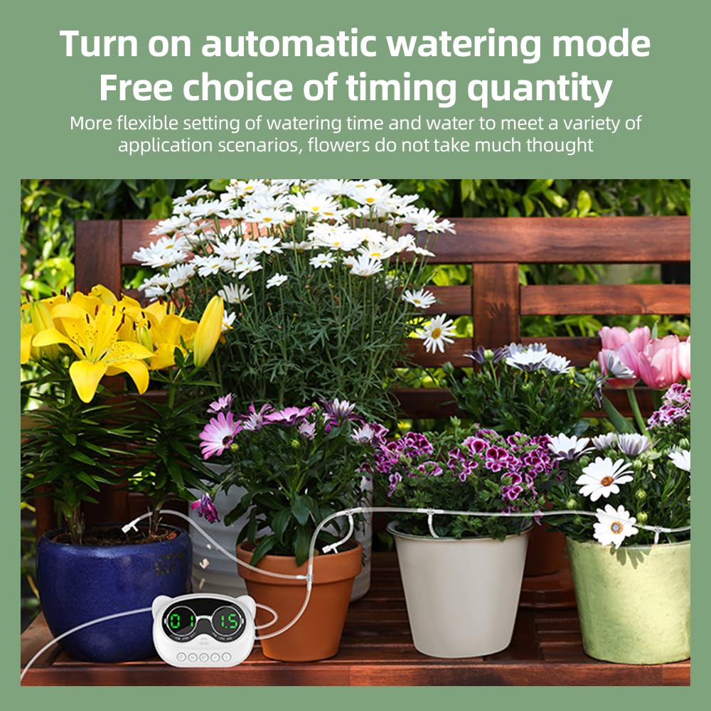 Automatic Plant Waterer, 1000ml Indoor Self Watering System Auto Drip Irrigation System for 10 Potted Plants with LED Display Programmable Timer Plant Watering Device