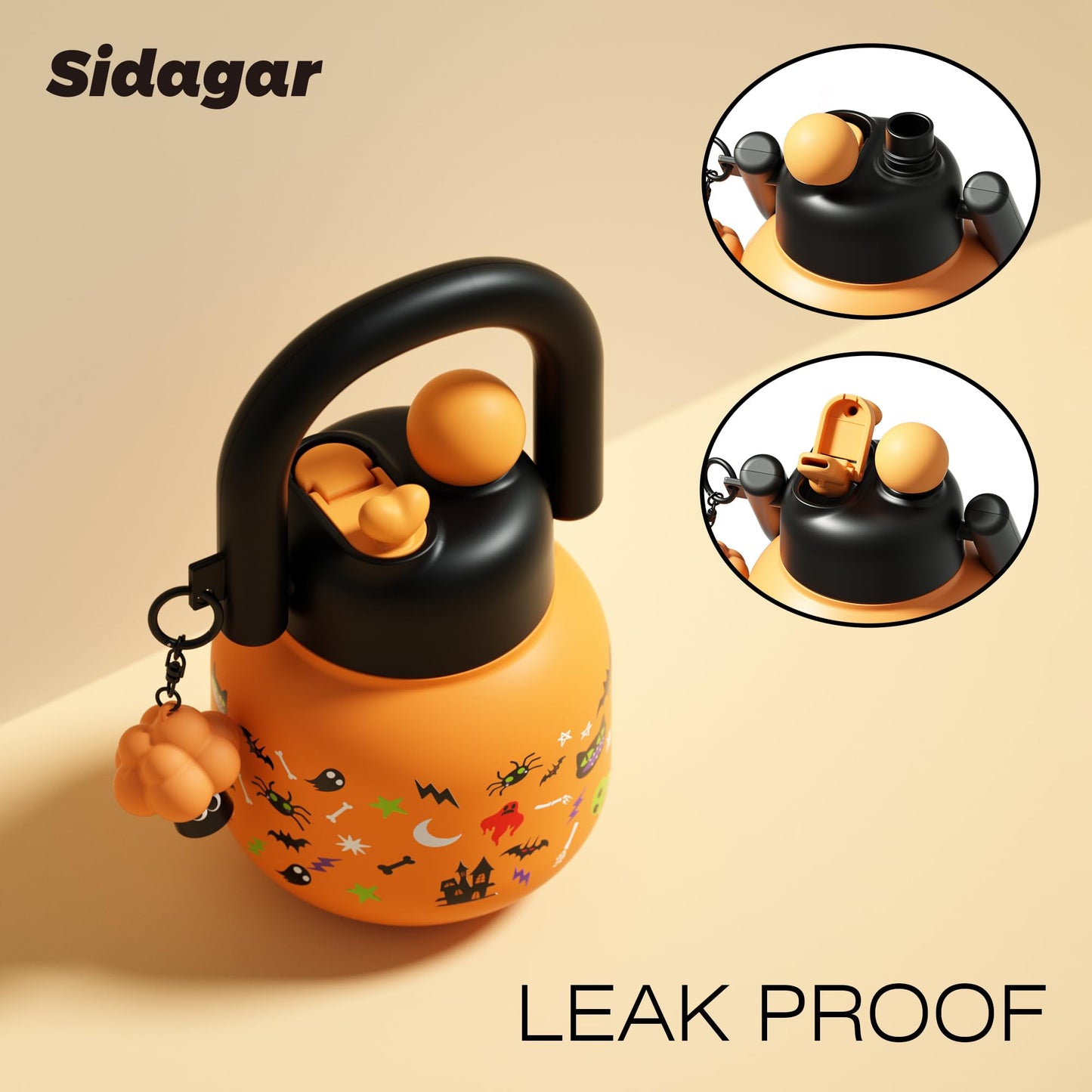 Sidagar 22 oz Tote Water Bottle with Straw and Carry Handle, Wide Mouth Vacuum Insulated Stainless Steel Tumbler, Travel Coffee Cup for Women Easy Carry, Halloween