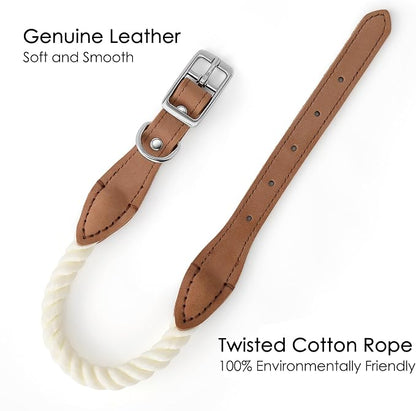 Mile High Life Genuine Leather Dog Collar, Durable Braided Cotton Rope Collar with Metal Pin Buckle for Small Medium Large Dogs (Cream, M Neck 15"-18")