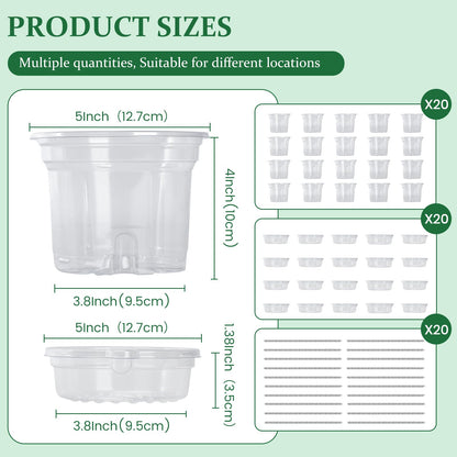 Bluepro 20 Pack 5 Inch Clear Self Watering Plant Pots with Bottom Water Tray & Watering Rope, Transparent Nursery Pots with Drainage for Seedlings, Herbs, and Houseplants