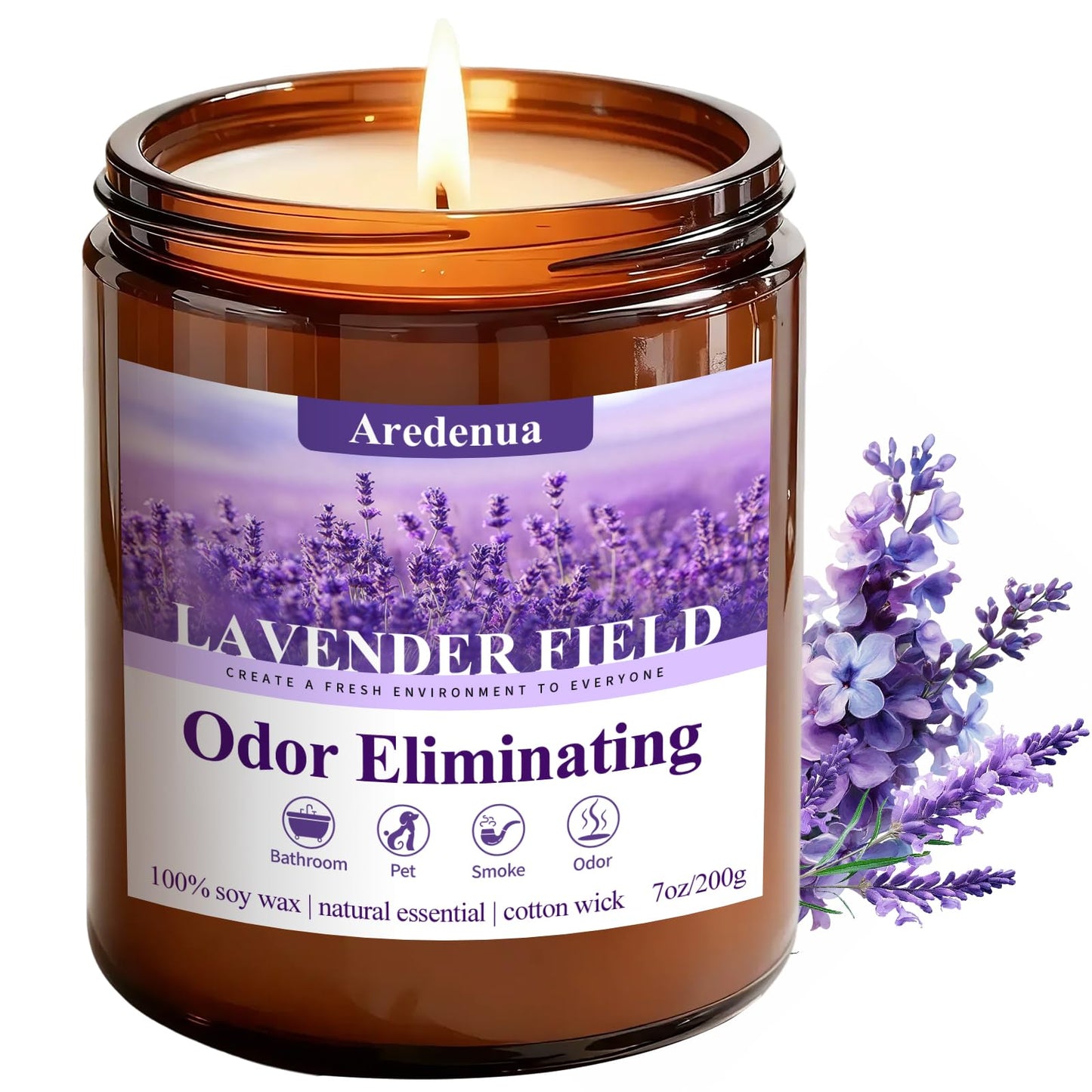 Lavender Odor Eliminating Candles | Eliminates 95% of Pet, Smoke & Bathroom Odors – 7oz Hand Poured Soy Candle - Aromatherapy Stress Relief Scented Candles - Relaxing Gifts for Calm & Fresh Homes