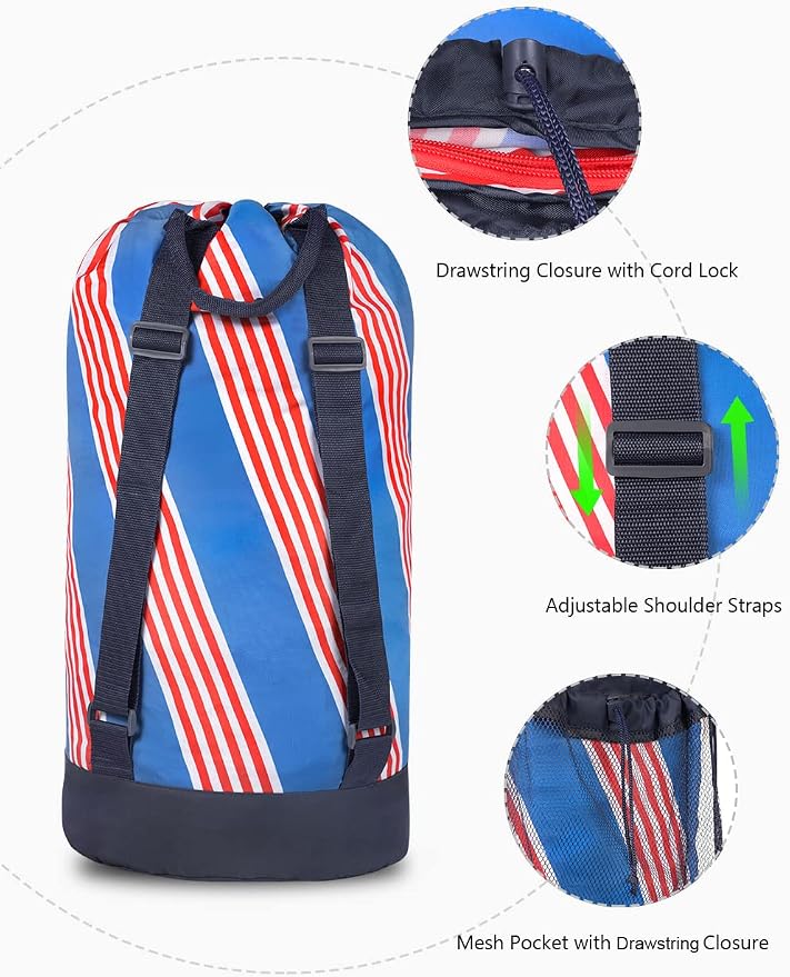 Dalykate Backpack Laundry Bag with Shoulder Straps and Mesh Pocket Durable Nylon Clothes Hamper Bag with Drawstring Closure for College, Travel, Laundromat, Apartment