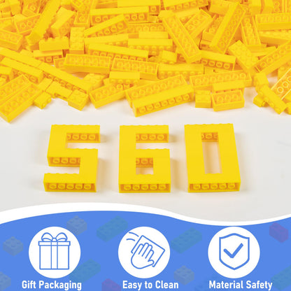 Cabeeskii 560 Pieces Yellow Classic Building Blocks Bulk with 2 Base Plates, Building Bricks in 7 Size, Compatible with All Major Bricks, for Kids & MOC Lovers