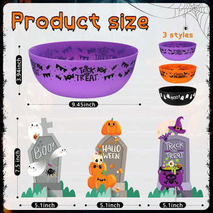 Tioncy 3 Set Large Halloween Candy Bowls with Tombstones Stands, Plastic Candy Dish Serving Bowls Treat Sweet Holders Party Decor Halloween Party Supplies