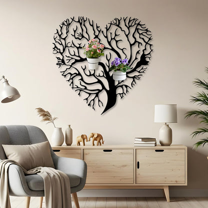 OZF Tree of Life Metal Wall Mounted Plant Holder, Tree Heart Wall Hanging Plant Holder, Branch Metal Plants Stand for Living Room (Black, 18"x 18"| 48x47cm, 2 Pack 8" Flower Pot Holder Ring)