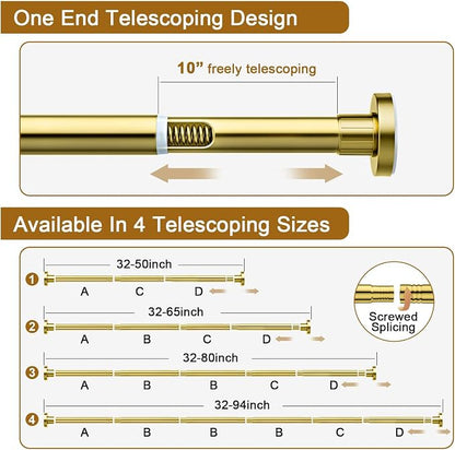 Ausemku Shower Curtain Rod 32-94 Inch Adjustable - 1 Inch Diameter Heavy Duty No drill Spring Tension Shower Rod, Non-Slip Rustproof Telescopic Rod for Bathroom, Gold