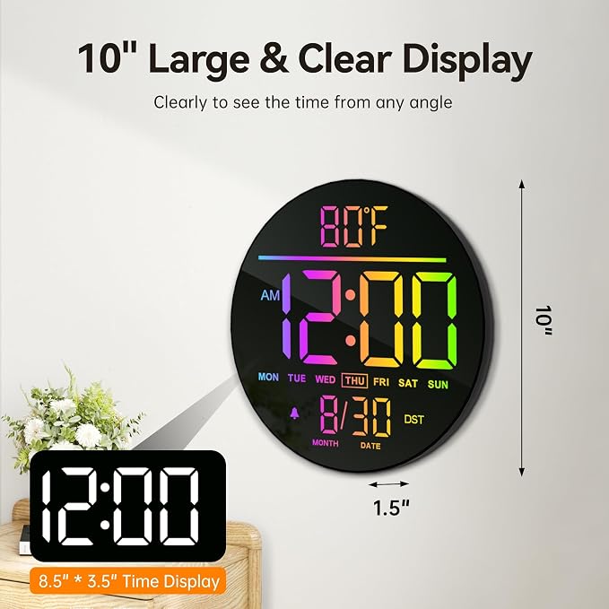 JALL 10" Large Digital Wall Clock with Seconds, Alarm Countdown Timer, Big LED Display, RGB Color, DST, Temperature, Mounted for Bedroom Living Room Office Classroom Gym, Xmas Birthday Gift, White