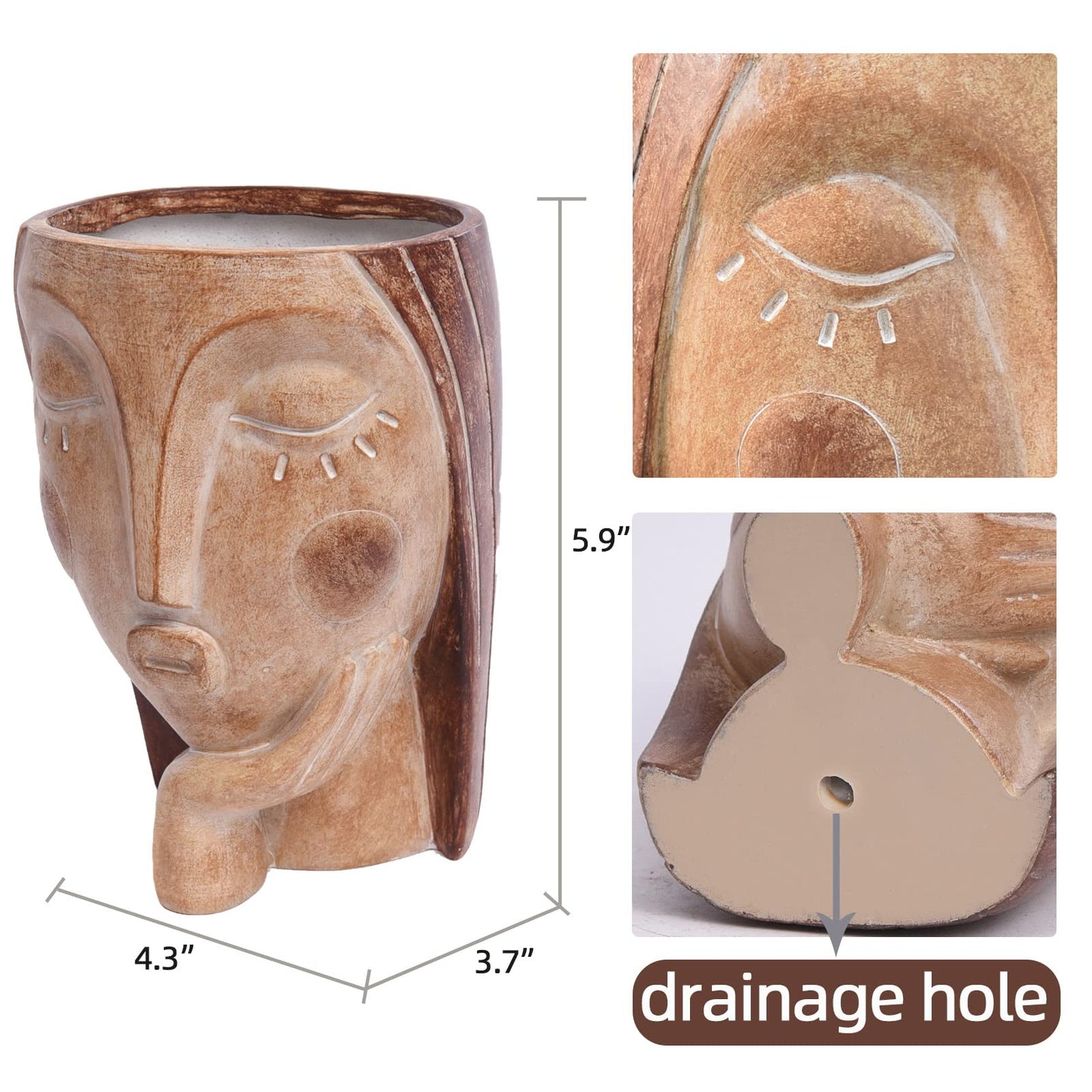 Saysmile Head Planters for Indoor Plants, Face Flower Pot Head Planter Succulent Planters Unique Face Planter with Drainage Hole - Rustic Thinking Girl Closed Eyes
