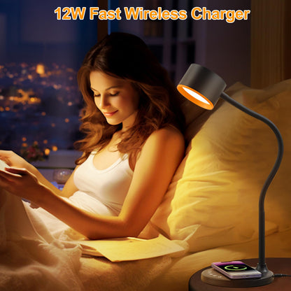 LED Desk Lamp with Wireless Charger, USB C + A Charging Ports, Eye-Caring Metal Bedside Lamp, 5 Colors Stepless Dimmable Reading Lamp, Touch Table Lamp Gooseneck Lamp for Home Office Dorm Black