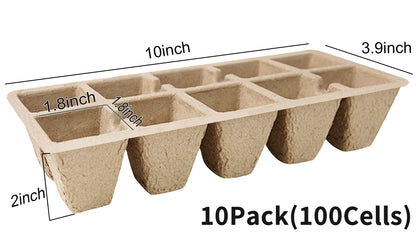 SYITCUN Seed Starter Tray 100 Cells, Biodegradable Peat Pots for Seedlings, 10 Pack 1.8" Square Pulp Nursery Cups with 100 Plant Labels and 2 Transplant Tools for Vegetable Herb