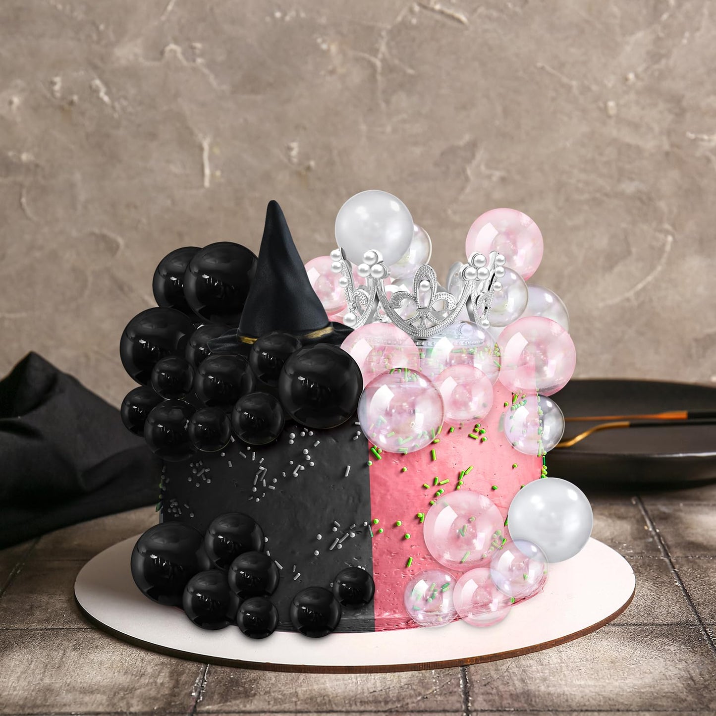 Geelin 42pcs Witch Theme Party Supplies Black Balloons Cake Topper Mini Balloons, Silver Plastic Crown and Black Women Witch Hat Fantasy Decoration Balls for Birthday Cake Decoration