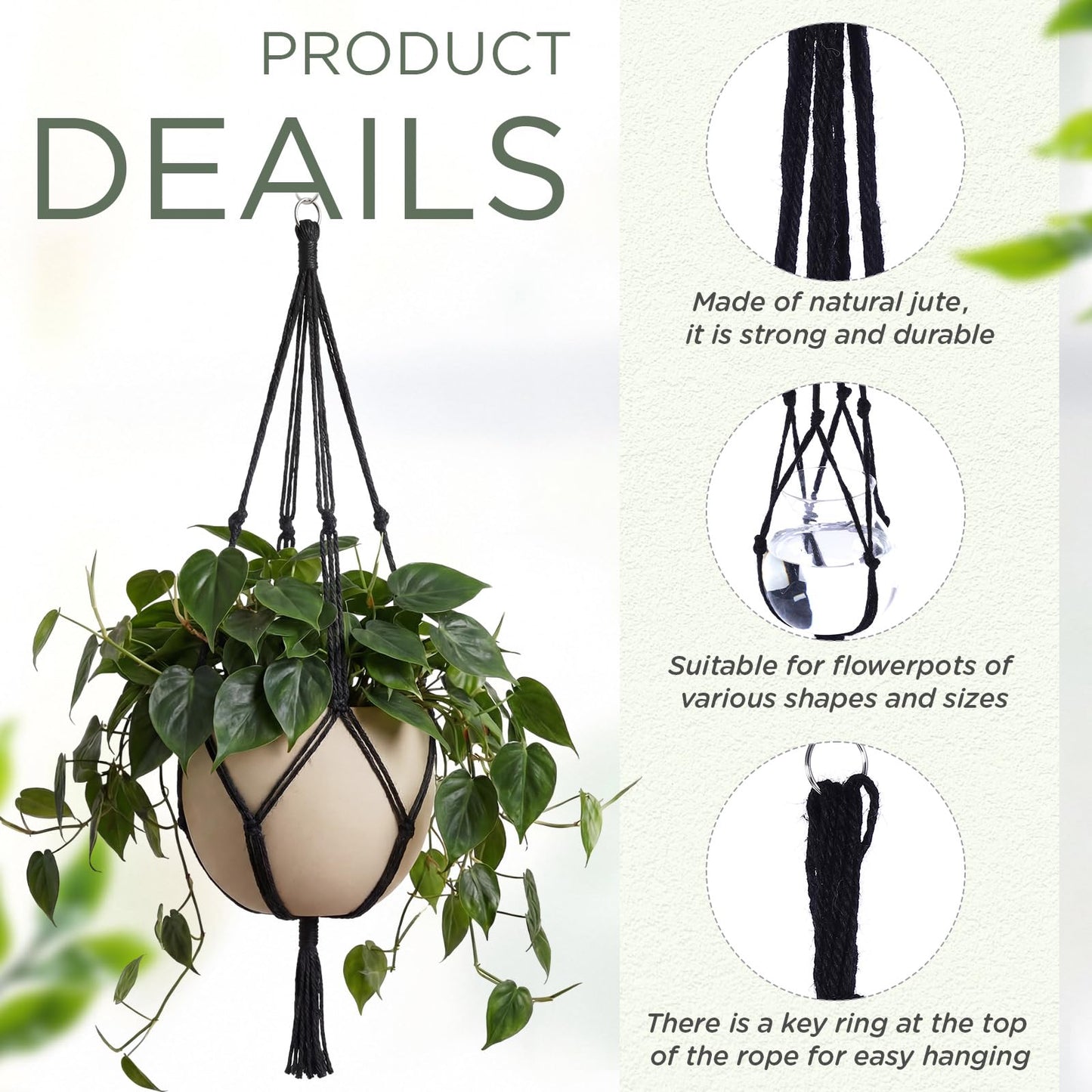 EBOOT 2 Pack 48 Inch Large Macrame Plant Hanger Rope to Hang Flower Pot Plant Holder for Indoor Outdoor Decorations, 4 Legs (Black)