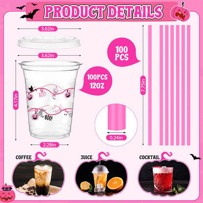 LemonRoad 50 Pcs 12oz Halloween Plastic Cups with Straws and Lids, Disposable Clear Party Cups Pumpkin Ghost Witch Drinking Set for Halloween Birthday Party Favors Supplies (Pink,Novel Style)