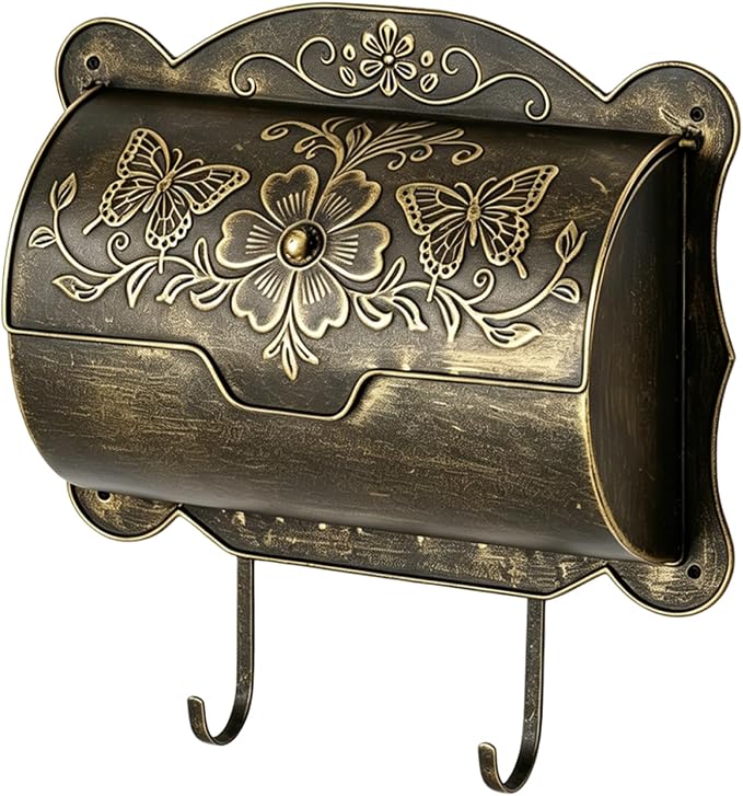 Wall Mount Mailbox with Newspaper Holder, Upgraded Embossed Vintage Mailbox Wall Mount, Butterfly & Floral Decorative Front Porch Antique Mailboxes, Mail Boxes for House Outside Garden