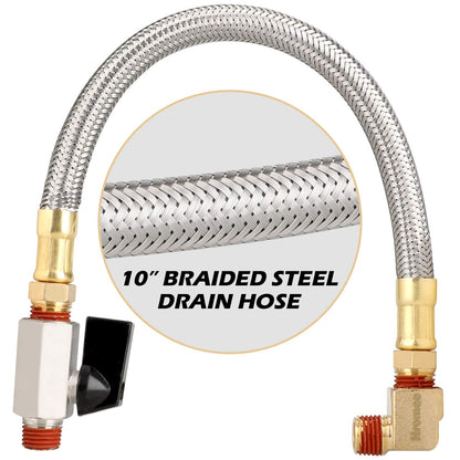 Hromee Extended Tank Drain Assembly Kit with 10 Inch Braided Steel Hose 1/4 Inch Drain Valve and Elbow Fitting for Air Compressor