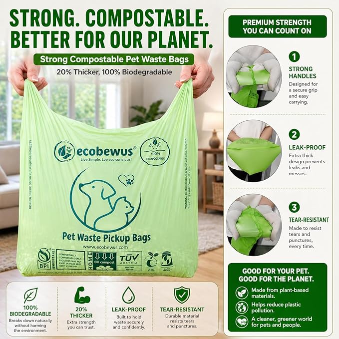 100% Compostable Pet Waste Disposal Bag (140 ct.) Plant-Based Biodegradable Cat Litter Poop Waste Pick-Up Bags with Handles Dog poop Bags Disposable Compost Food Scrap Liners (140 ct.)