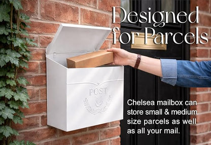 NACH Mailboxes for Outside Wall Mount, 11.5 x 5 x 13 inches, White Mailbox for Door, Waterproof Mailbox for Outside - The Chelsea Mailbox