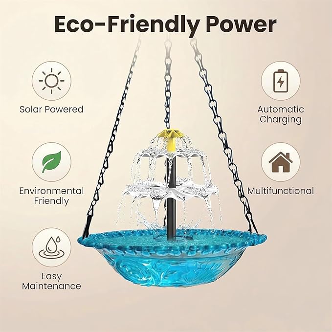 Hanging Solar Bird Bath Fountain with Water Pump, Plastic Basin, 4 Nozzles, Sturdy Metal Chains, Outdoor Garden Decor (Can Spray Water, Black)