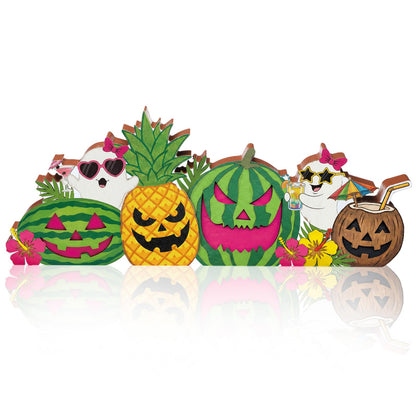 Novabright Summer Halloween Table Decor Wooden Pumpkin Face Tiered Tray Decor Cute Ghost Block Sign Watermelon Pineapple Centerpiece for Summer Halloween Home Kitchen Shelf Party Decoration Gift