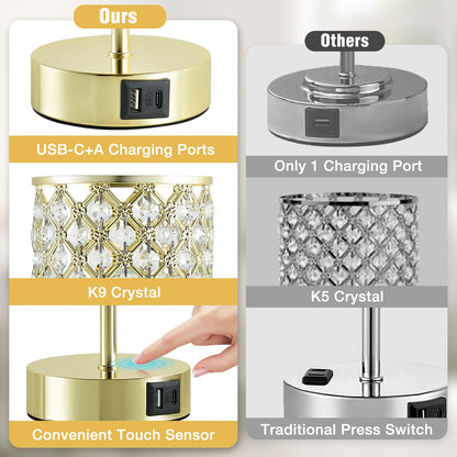 GyroVu Crystal Table Lamp, Gold Touch Lamp for Nightstand with USB C+A Ports, Dimmable Lamp with Crystal Shade, Bedside Lamp Small Lamp for Bedroom, Living Room(Buld Included)