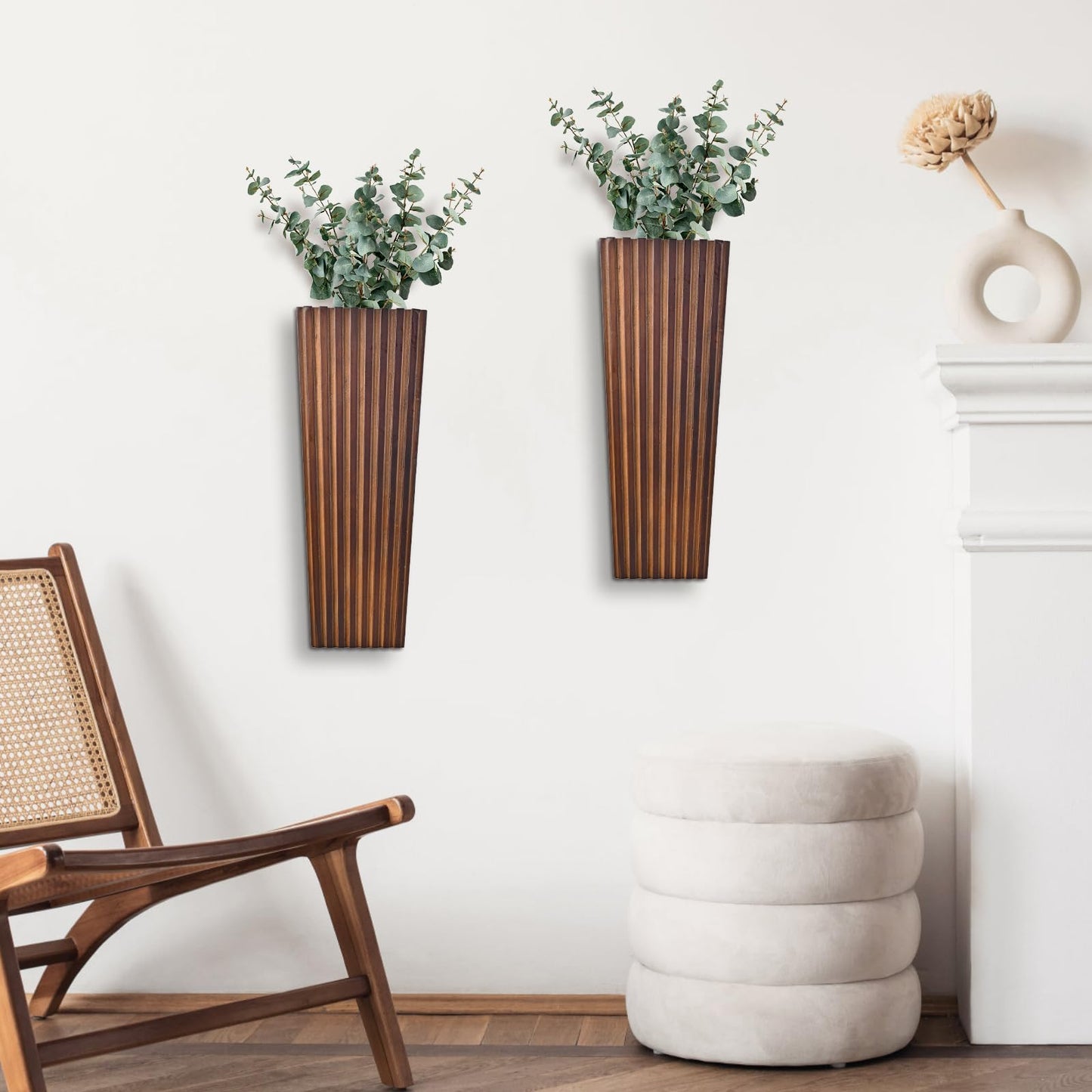 2PCS Wood Wall Planter for Indoor Plants, Wooden Hanging Planter for Dried Flowers and Artificial Greenery Plants,Abstract Vase, Modern Farmhouse Wood Wall Decor for Living Room,Bedroom,Bathroom