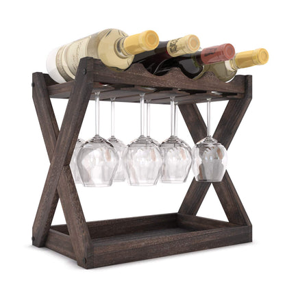 Rustic State Cava Countertop Solid Wood Wine Rack for 4 Bottles and 6 Stemware Glass Holder Cork Storage Tabletop Tray Freestanding Organizer - Home, Kitchen, Dining Room Bar Décor - Walnut