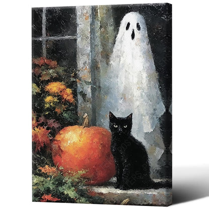 Horror Ghost Canvas Wall Art,Halloween Black Cat Poster Print,Dark Academia Wall Decor For Home Bedroom Living Room 12X18 in Unframed