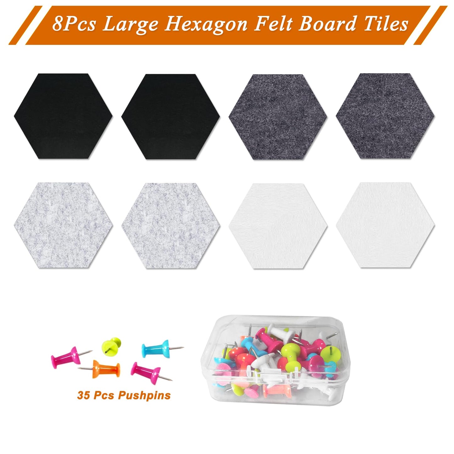 HULAVO Large Hexagon Felt Cork Board Tiles, Self Adhesive DIY Felt Bulletin Board Pin Board with 35 Pushpins for Office School Home Wall Decor(Black+Deep Grey+Light Grey)
