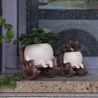 UMESONG Smily Face Planter Pot Cute Resin Flower Head Planters for Indoor Outdoor Plants Unique Sitting Rocking Chairs Succulent Pots for String of Pearls Plant Live Gift Ideals with Drainage Hole