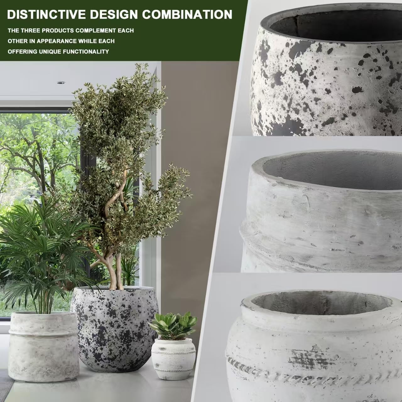 ShangDemonMaster Craft flowerpots 18"+13"+9" Dia Round Concrete Planter Set of 3 Large Outdoor/Indoor Planter Pots Containers with Drainage Holes and Rubber Plug for Home Garden (White, Large)