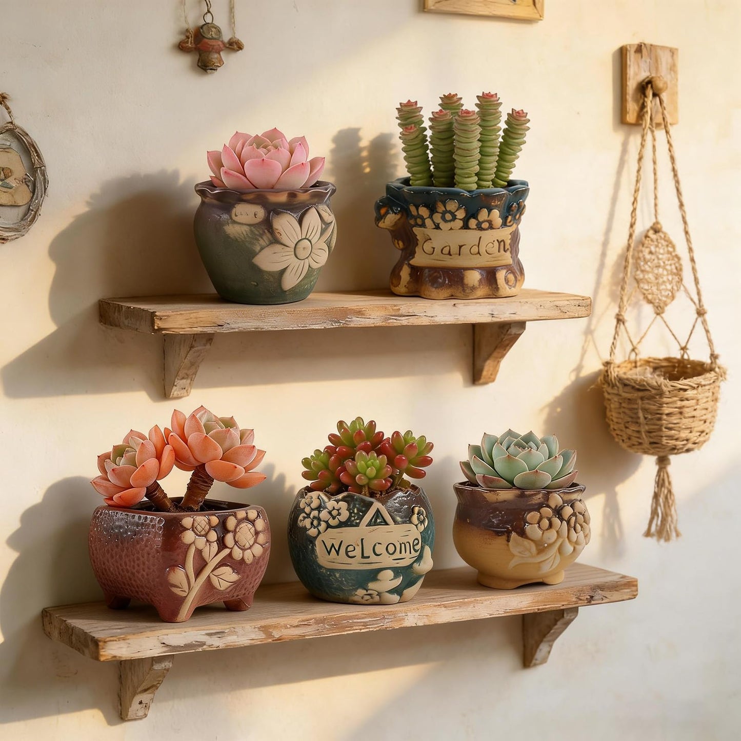 ginojex Succulent Ceramic Garden Pots Small Plant Planter Container with Drainage Set of 5 for Home Office Decor