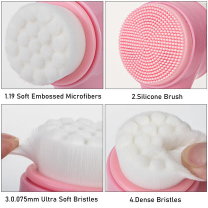 Face Brush 2 in 1, Facial Cleansing Exfoliating Scrubber Brush, Silicone Double Side Manual Face Wash Scrub Brush with Soft Bamboo Charcoal Fiber for Deep Pore Cleansing, Massaging, Skin Care