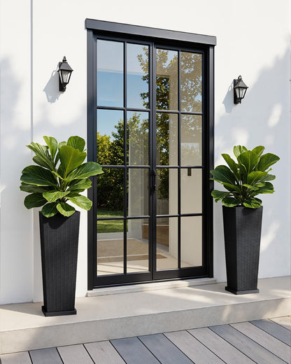 Greesum Set of 2 Tall Plastic Planters with Saucer, 32 Inch Large Pots with Drainage Trays, Weather-Resistant Plastic Plant Containers for Patio, Porch, Garden,Black