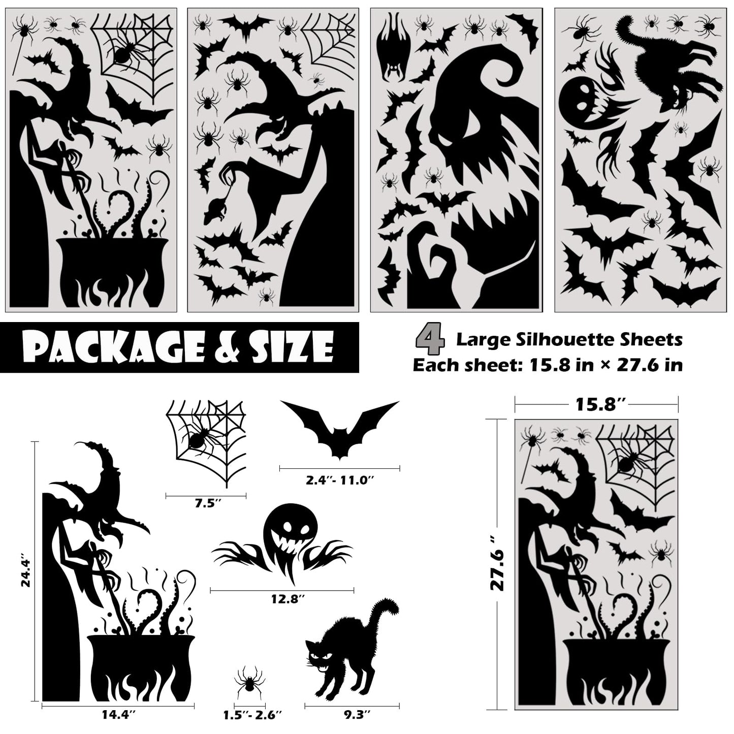PPRAFDD Extra Large Halloween Window Clings Silhouette Decorations with Scary Witches Giant Spooky Monster Black Cat Bats Spiders Window Decals for Halloween Party (4 Sheets)