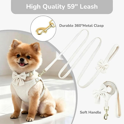 Small Dog Collar Harness and Leash Set with Bowtie, Adjustable Dog Harness Collar and Leash Set with Secure Metal Buckle, Breathable Cotton Adjustable Pet Puppy Harness, Easy Walk Harness, M(16-21")