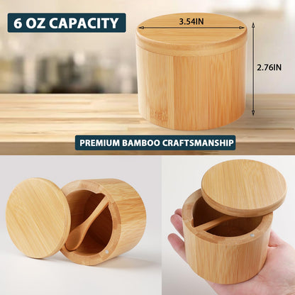 Timtopno Bamboo Salt Cellar, 2 PCS Salt Container with Built-in Spoon, Salt Box Bowl with Magnetic Swivel Lid, Elegant Kitchen Salt Holder Saver Jar to Storage Pepper Spice Sea Salt for Countertop