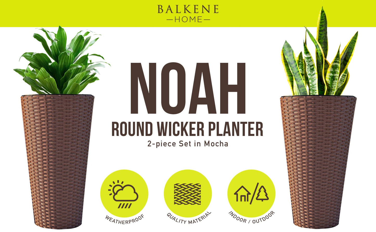 Balkene Home Noah Round Wicker Planter Tall Planter Decor Box for Adaptable Outdoor Furnishings All Weather Versatile Perfect Patio Herb Garden Living Space - 2 Piece Set - Mocha