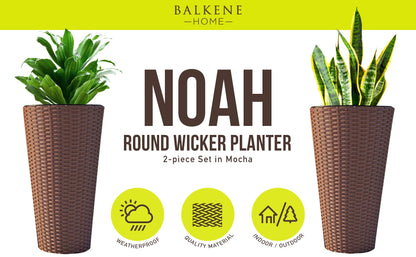 Balkene Home Noah Round Wicker Planter Tall Planter Decor Box for Adaptable Outdoor Furnishings All Weather Versatile Perfect Patio Herb Garden Living Space - 2 Piece Set - Mocha