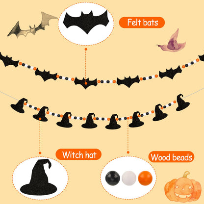 XEFINAL 2 PCS Halloween Felt Bats Witch and Wood Beads Garland Halloween for Mantle Garland Banner Decor Indoor Outdoor Haunted House Decoration