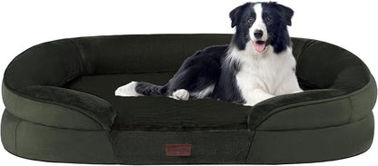 Dwanton Orthopedic Dog Bed for Large Dogs with Gel Memory Foam, Waterproof Dog Sofa, Washable Pet Bed with Four Sided Bolster Cushion, Removable Cover & Non-Slip Bottom, 38", Green