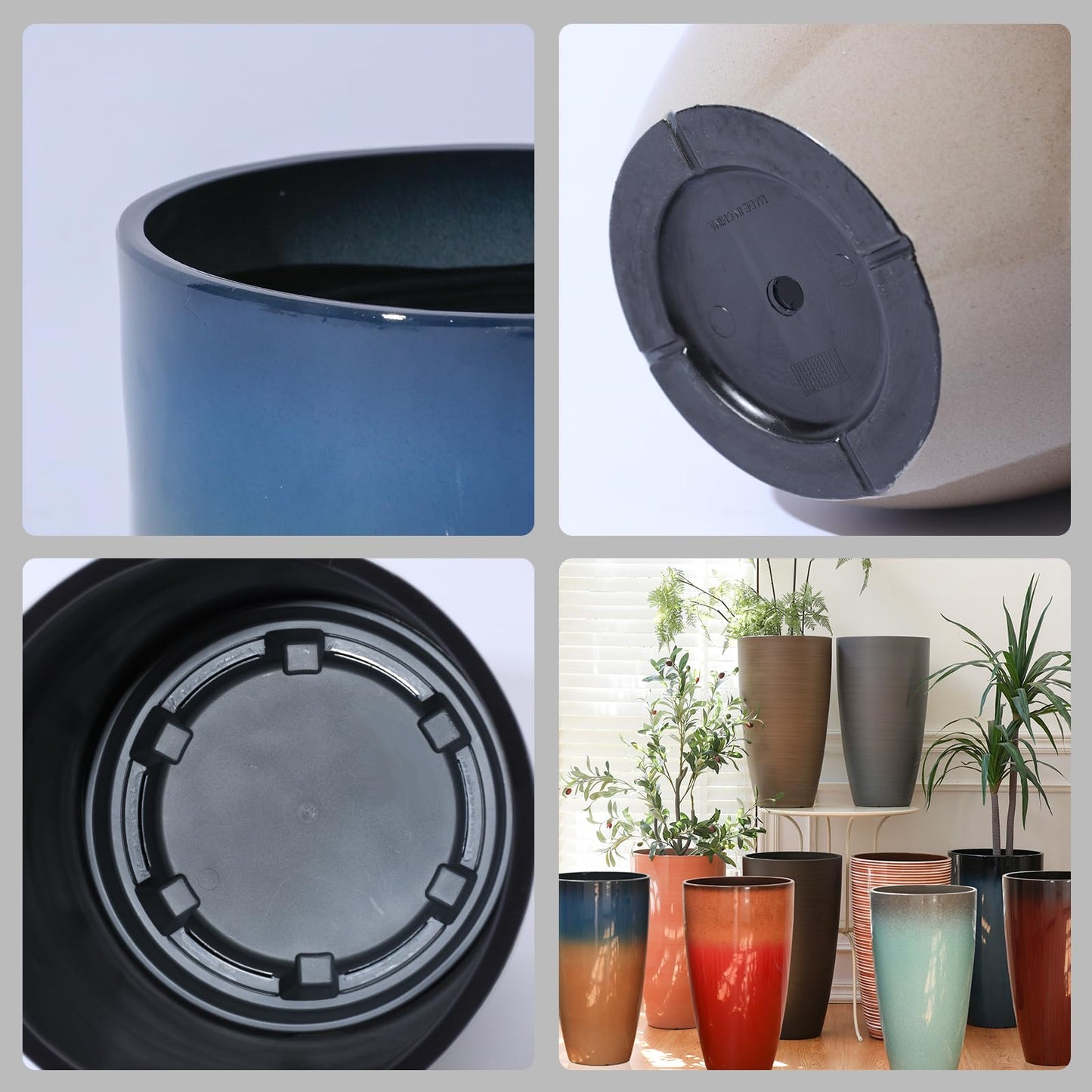 SE SUN-E Tall Planters for Outdoor Plants, Heavy-Duty Plastic Lightweight Flower Pots Blue to Khaki Gradient Garden Pots Porch Planters Outdoor Set of 2 Gifts for Plant Lovers