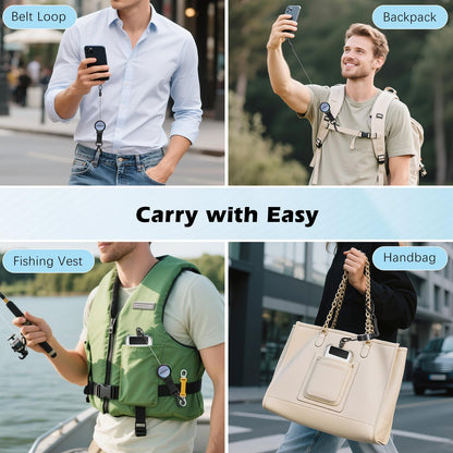 MoKo Anti-theft Phone Tether, Phone Lanyard Retractable Steel Line Cellphone Strap with Locking Carabiner and Metal 360° Tether Tab for Outdoor Skiing Hiking Climbing Fishing, Black&Silver