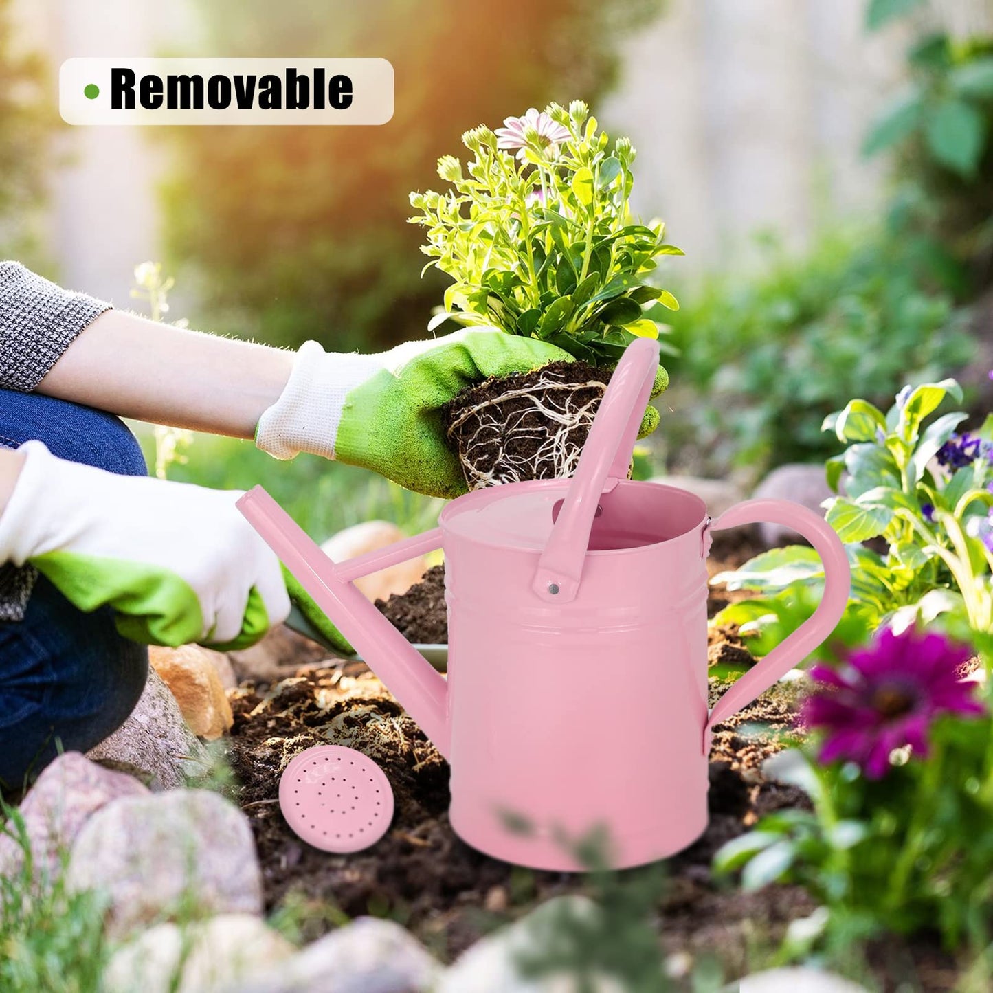 Lechloris Metal Watering Can (1 Gallon) for Outdoor&Indoor Plants with Free Small Watering can for Kids, Plant Watering Can with Removable spout, Perfect for Garden Flower, Houseplants, Pink