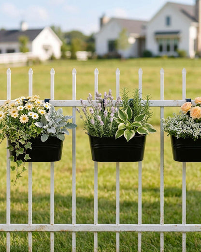 Metal Railing Planters for Outdoor Plants - 3 Pcs Balcony Hanging Flower Pots with Detachable Hooks & Drain Holes, Windowsill Oval Hanging Bucket Pots Fence Planters for Garden Home Decor, Black