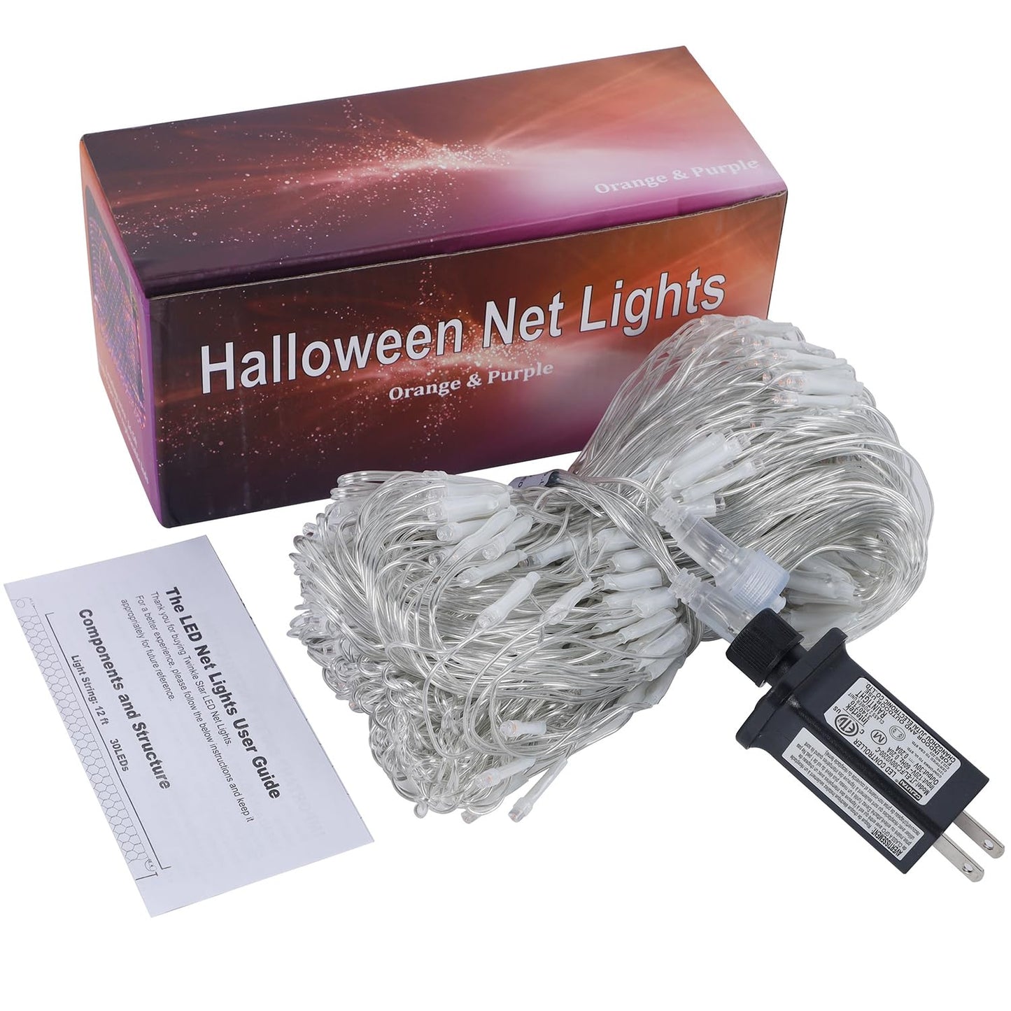 WATERGLIDE Outdoor Halloween Net Lights, 12FT x 5FT 360 LED Fairy String Light with 8 Lighting Modes, Connectable Light Safe Adaptor for Garden Tree Bushes Holiday Party Decorations, Orange & Purple