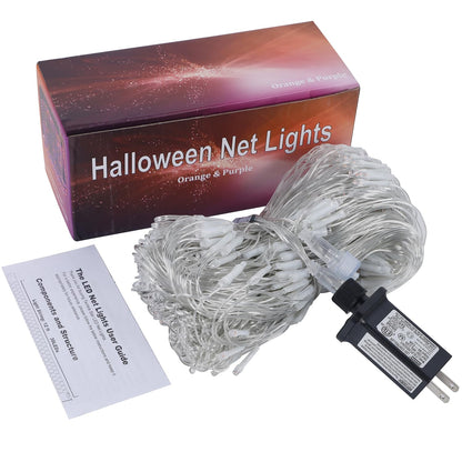 WATERGLIDE Outdoor Halloween Net Lights, 12FT x 5FT 360 LED Fairy String Light with 8 Lighting Modes, Connectable Light Safe Adaptor for Garden Tree Bushes Holiday Party Decorations, Orange & Purple