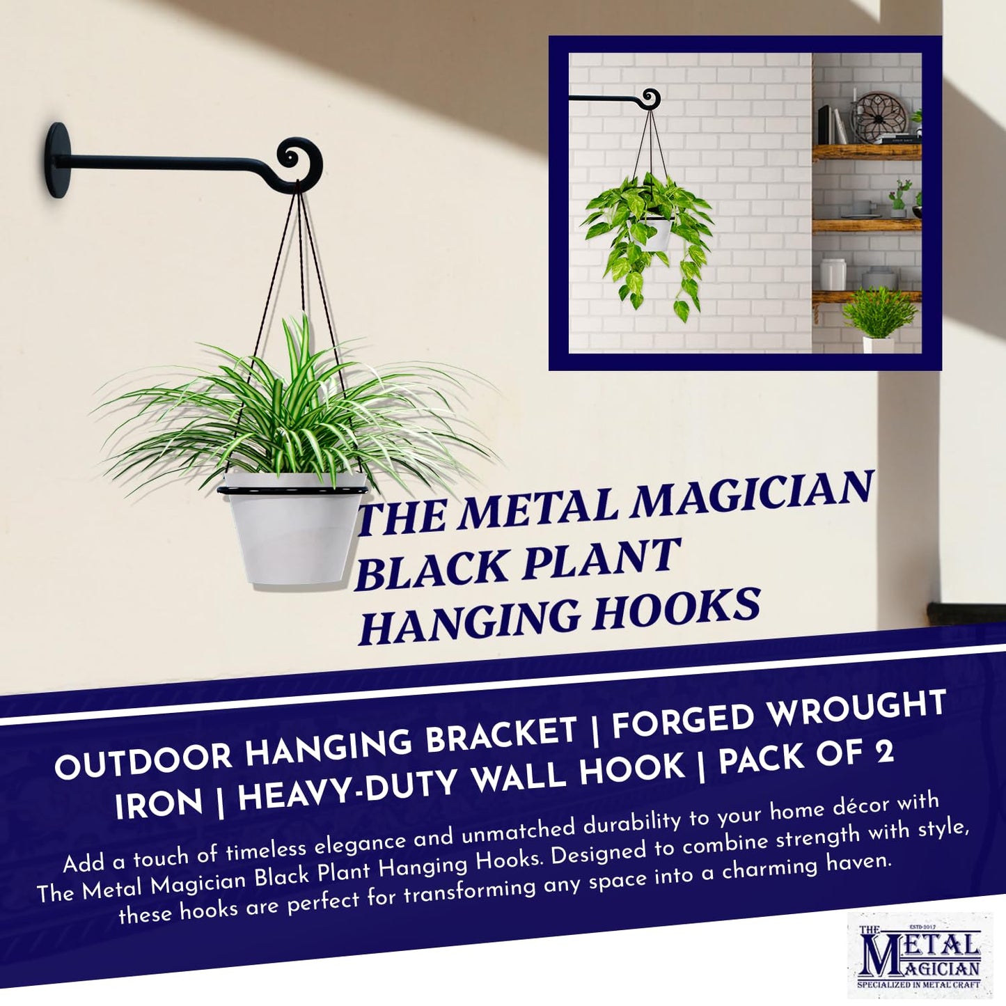 The Metal Magician 2Pc Plant Hangers Outdoor, Indoor, Wrought Iron Metal Hanger Indoor Hook, Heavy Duty Wall Bracket Hooks for Hanging Plants Baskets Lanterns Wind Chimes Black Helical Ended