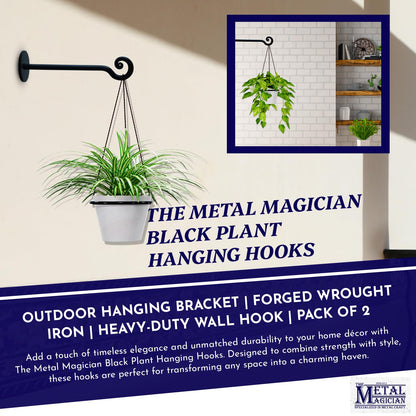 The Metal Magician 2Pc Plant Hangers Outdoor, Indoor, Wrought Iron Metal Hanger Indoor Hook, Heavy Duty Wall Bracket Hooks for Hanging Plants Baskets Lanterns Wind Chimes Black Helical Ended