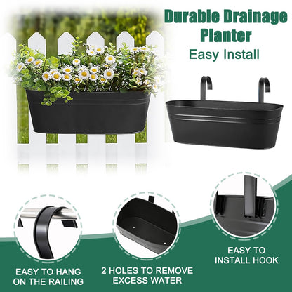 MICOKAY 3 PCS Deck Planters for Railing, 16 Inch Porch Railing Planters with Detachable Hooks and Drain Holes, Oval Hanging Flower Pots for Fence Garden, Black Metal Outdoor Planter Boxes